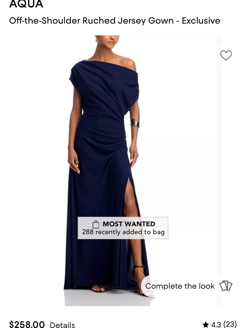 Aqua Navy One-Shoulder Ruched Jersey Gown with Side Slit
